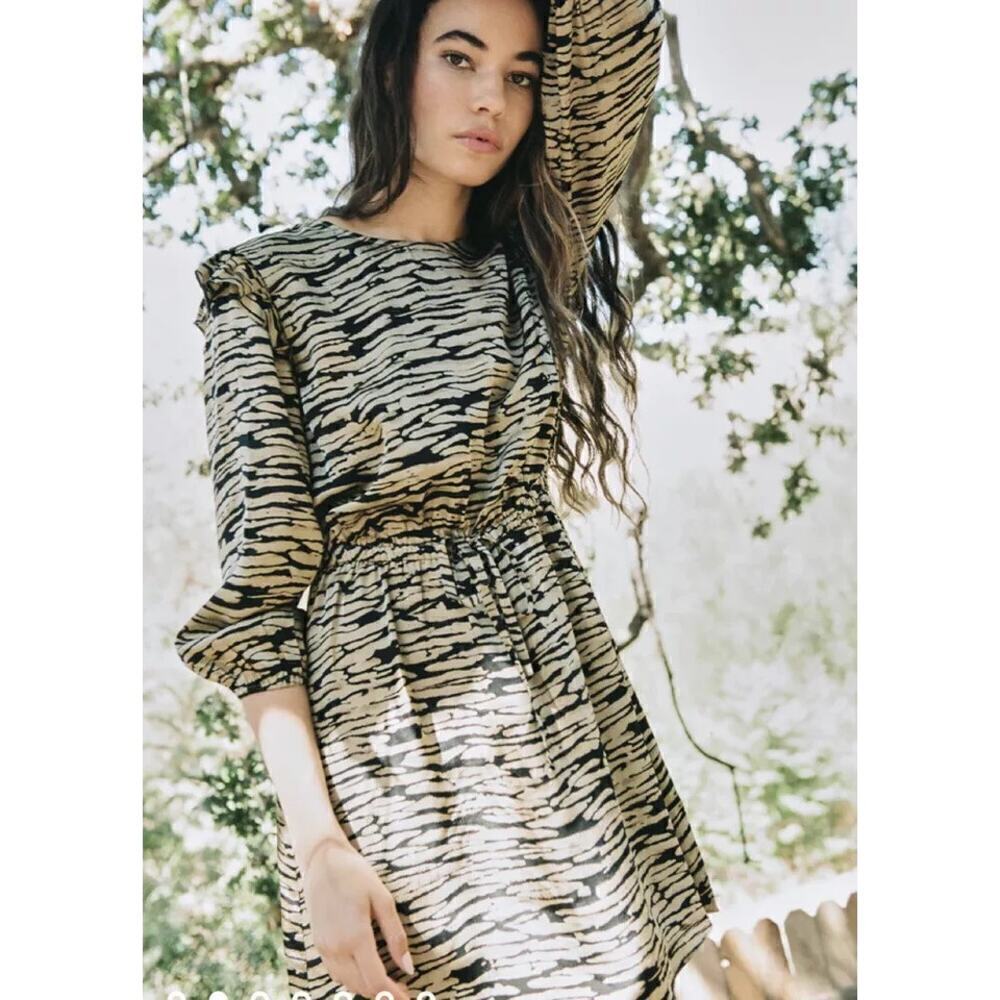 Rails Ora Dress Printed Ruffle Long Sleeve Blouson Mini Canyon Tan & Black XS